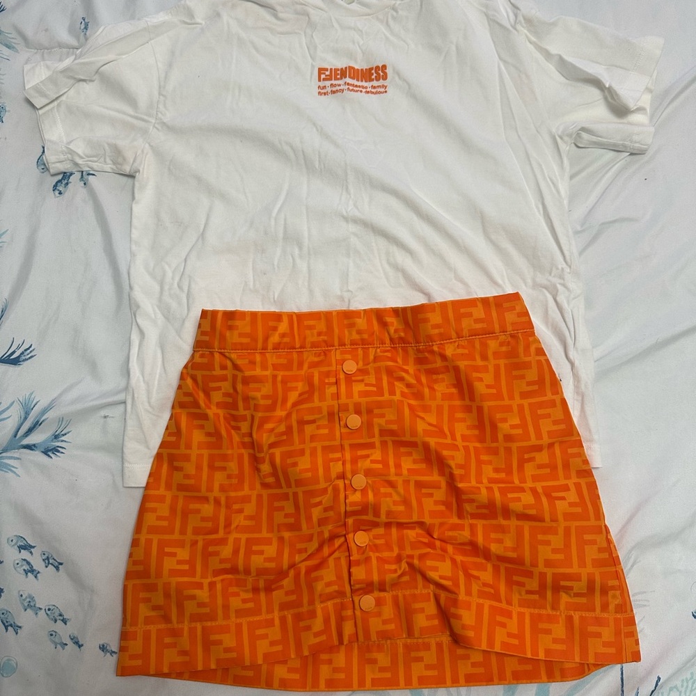 Fendi White Tee and Vibrant Orange Skirt